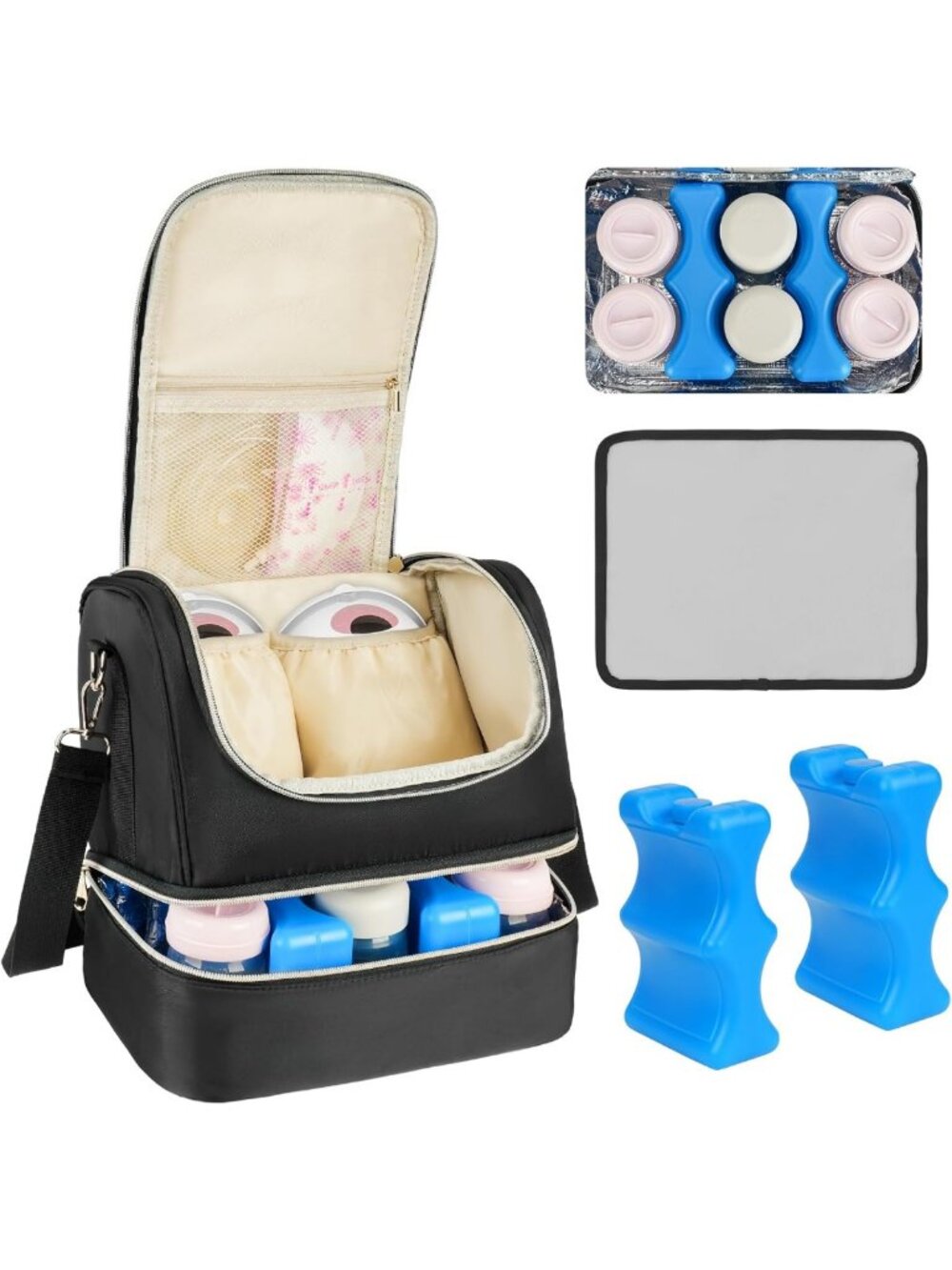 Stylish Wearable Breast Pump Bag with Cooler, Ice Pack & Waterproof Mat - Black